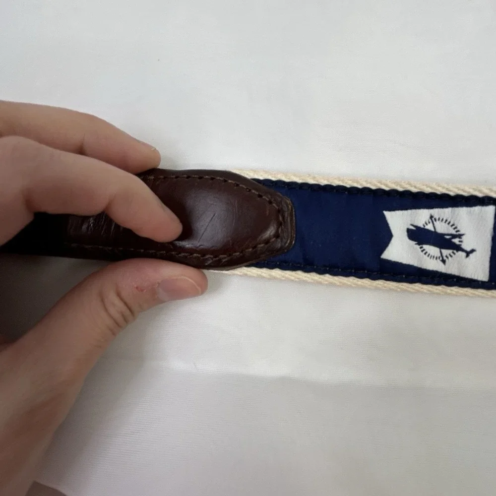 YRI Ribbon Belt Nantucket Burgee Leather Tab Brass Buckle Men's42 Navy Blue Read